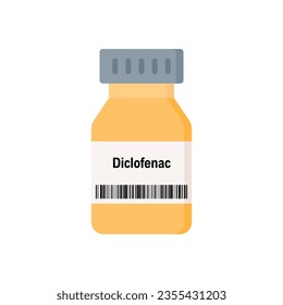 Diclofenac medicine vial illustration. Diclofenac is a medicine that reduces swelling (inflammation) and pain.