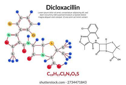 Dicloxacilina, antibiótico, fórmula de estrutura molecular, modelo bola-e-vara, adequado para educação ou conteúdo de ciência química. Ilustração vetorial