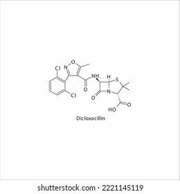 Dicloxacillin flat skeletal molecular structure Penicillin drug used in bacterial infection treatment. Vector illustration.