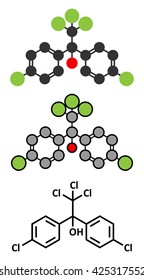 Dicofol organochlorine pesticide molecule. Stylized 2D renderings and conventional skeletal formula.
