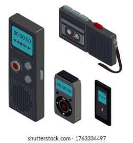 Dictaphone icons set. Isometric set of dictaphone vector icons for web design isolated on white background