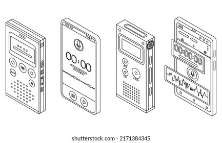 Dictaphone icons set. Isometric set of dictaphone vector icons outline isolated on white background