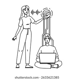 ditar vetor de otimização de pesquisa de voz. reconhecimento de mensagens, caixa de boca, microfone de tecnologia ditar personagem de otimização de pesquisa de voz. pessoas linha preta lápis desenho ilustração