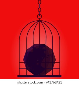Dictatorship banner. The planet is in the cage of the dictator. Power over the world. Vector flat illustration