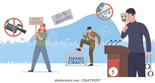 Dictatorship politic flat composition with silhouettes of protesters free speech prohibition signs and images of tyranny vector illustration