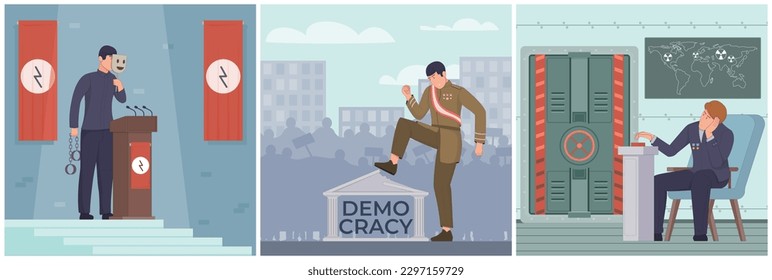 Dictatorship politic set of three square compositions with human characters of dictators defying freedom and democracy vector illustration