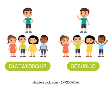 Dictatorship And Republic Antonyms Word Card Vector Template. Opposites Concept. Flashcard For English Language Learning. Sad Children And A Dictator Ruler, Joyful Children And A Republican Ruler.