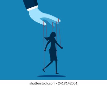 Dictatorship or slave concept. puppet businesswoman is controlled by shrugging hands 