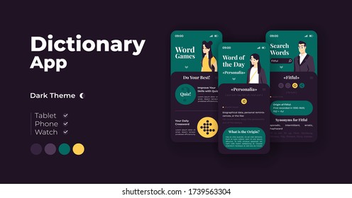 Dictionary app cartoon smartphone interface vector templates set. Mobile app screen page night mode design. Word games, vocabulary search. UI for application. Phone display with flat character