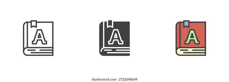 Ícone de estilo diferente do livro de dicionários definido com símbolo de letra. Sinal e símbolo do vetor de cor de contorno sólido e preenchido. Pacote de ícones de referência para estudo de idioma e uso de ícones de livro.