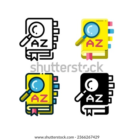 Dictionary book icon represented with a magnifying glass and a book