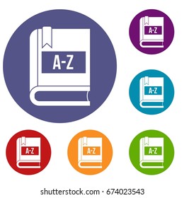 Dictionary book icons set in flat circle reb, blue and green color for web