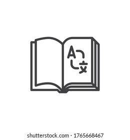 Icono de línea de libro de diccionario. signo de estilo lineal para concepto móvil y diseño web. Icono de vector de esquema del libro de traducción. Símbolo de estudio de idiomas extranjeros, ilustración del logotipo. Gráficos vectoriales