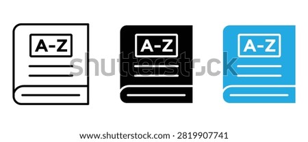 Dictionary Book Vector Icon Set, Alphabet Reference Book Outline and Silhouette Collection for Education, Language Learning, Library, Literature and Knowledge Design Isolated on White Background