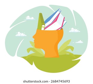 Concepto de cerebro de diccionario. Cabeza masculina abierta con libros en el interior, simbolizando el conocimiento almacenado en la memoria.