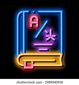 Wörterbuch oder Bildung Buchen Sie Neon Leuchtzeichen Vektor. Leuchtendes Icon Research Dictionary for Education and Study Foreign Words Schild. transparente Symbolillustration