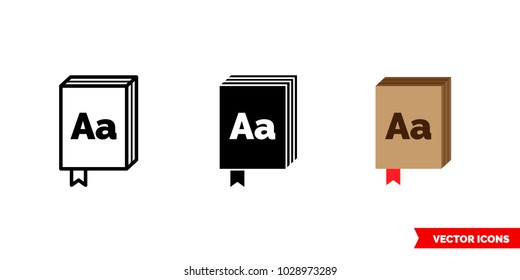 Dictionary icon of 3 types: color, black and white, outline. Isolated vector sign symbol.