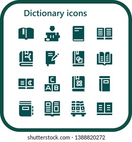 dictionary icon set. 16 filled dictionary icons.  Simple modern icons about  - Book, Books, Abc, Dictionary, Magazine, Bookshelf