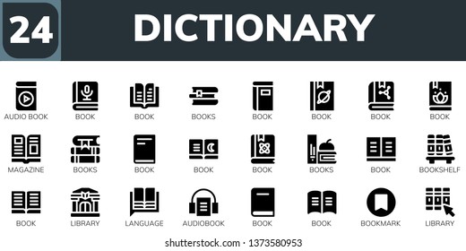 dictionary icon set. 24 filled dictionary icons.  Collection Of - Audio book, Book, Books, Magazine, Bookshelf, Library, Language, Audiobook, Bookmark