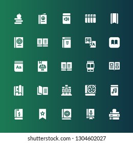 dictionary icon set. Collection of 25 filled dictionary icons included Book, Science book, Bookmark, Audiobook, Books, Magazine, Ereader, Dictionary, Ibooks, Translation