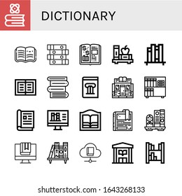 dictionary icon set. Collection of Book, Open book, Books, Finance book, shelf, History Bookstore, Magazine, Online library, Bookmark, Bookshelf, Library icons