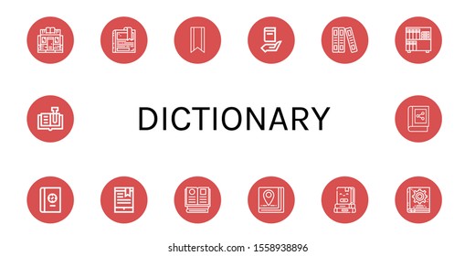 dictionary icon set. Collection of Bookstore, Bookmark, Book, Books, Manual book icons
