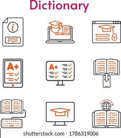 dictionary icon set. included ereader, pdf, ebook, test, homework, training, learning, login icons. bicolor styles.