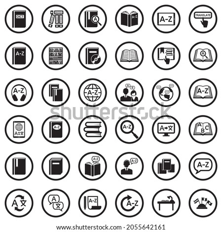 Dictionary Icons. Black Flat Design In Circle. Vector Illustration.