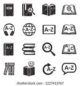 Dictionary Icons. Black Scribble Design. Vector Illustration.