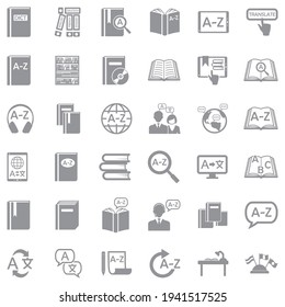 Wörterbuchsymbole. Graues Flachdesign. Vektorgrafik.