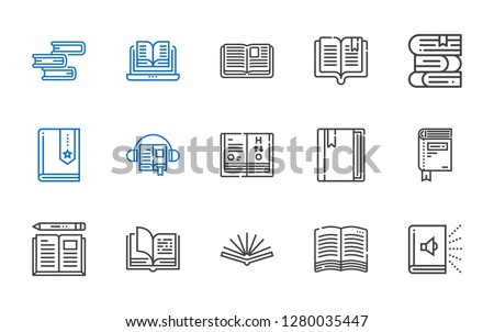 dictionary icons set. Collection of dictionary with audiobook, book, open book, science book, books. Editable and scalable dictionary icons.