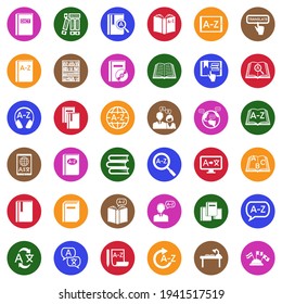 Dictionary Icons. White Flat Collection In Circle. Vector Illustration.