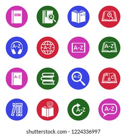Dictionary Icons. White Flat Design In Circle. Vector Illustration. 