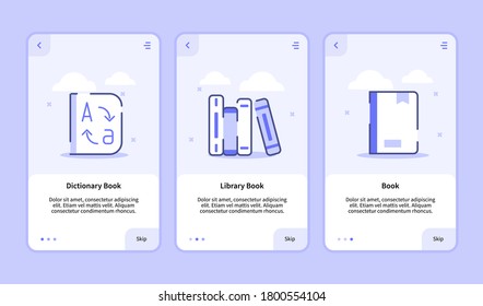 Biblioteca de diccionarios pantalla de inicio de sesión de la plantilla de aplicaciones móviles página de banner UI con tres variaciones estilo de contorno plano moderno
