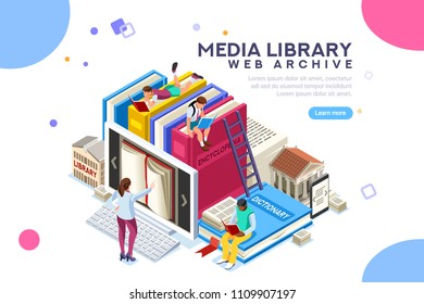 Dictionary, Library Of Encyclopedia Or Web Archive. Technology And Literature, Digital Culture On Media Library. Clipart Sticker Icon For Web Banner. Flat Isometric People Images, Vector Illustration.