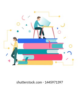 Dictionary, library of encyclopedia or web archive. Technology and literature, digital culture on media library. Clipart sticker icon for web banner. Flat isometric people images, vector illustration.