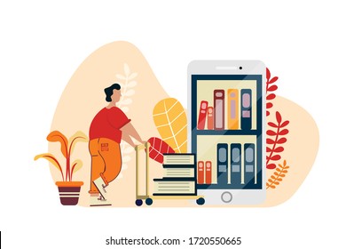 Dictionary, Library Of Encyclopedia Or Web Archive. Technology And Literature, Digital Culture On Media Library. Clipart Sticker Icon For Web Banner. Flat Design Young Man Images, Vector Illustration.