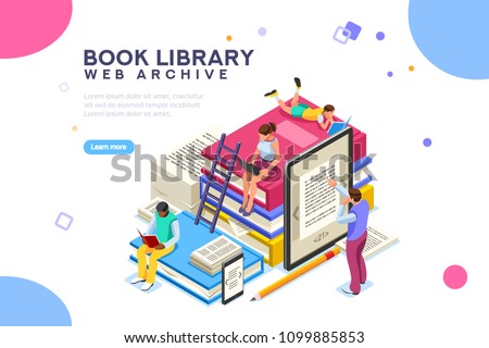 Dictionary, library of encyclopedia or web archive. Technology and literature, digital culture on media library. Clipart sticker icon for web banner. Flat isometric people images, vector illustration.