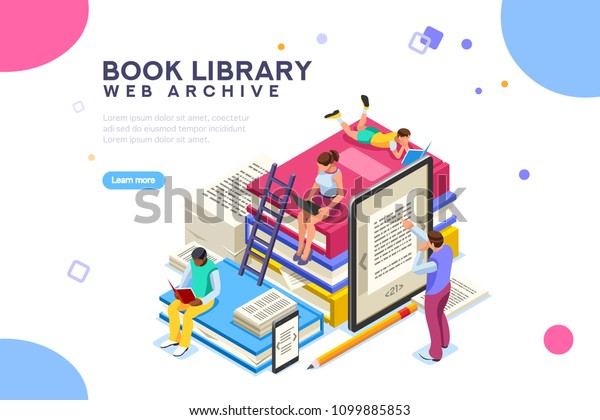 Dictionary, library of encyclopedia or web\
archive. Technology and literature, digital culture on media\
library. Clipart sticker icon for web banner. Flat isometric people\
images, vector\
illustration.