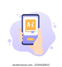 dictionary mobile app, phone in hand vector