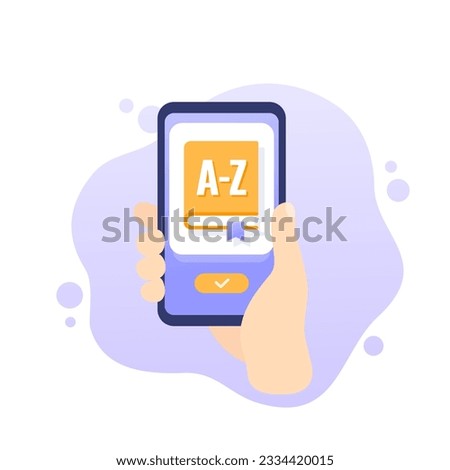 dictionary mobile app, phone in hand vector
