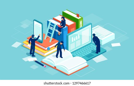 Dictionary, modern library and web archive. Literature and digital culture. Vector of people reading books using modern technology. 