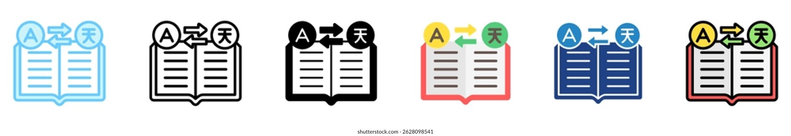 Dictionary multi style, mini illustration icon set. outline, flat, glyph, line color. vector for UI, UX, app, web, digital or print, related to international literacy days, education.