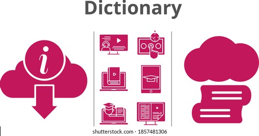 dictionary set. included cloud library, ebook, instructor, test, learn, student-tablet, information, training icons. filled styles.