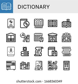 dictionary simple icons set. Contains such icons as Open book, Book, Audiobook, Books, Bookstore, Booking, Library, Literature, can be used for web, mobile and logo