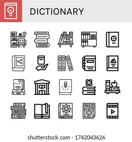 dictionary simple icons set. Contains such icons as Design book, Library, Books, Bookshelf, Book, Manual book, Magazine, Digital can be used for web, mobile and logo