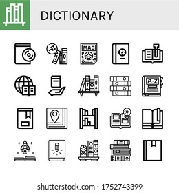 dictionary simple icons set. Contains such icons as Book shelf, Audiobook, Books, Magazine, Book, Encyclopedia, Bookshelf, Dictionary, can be used for web, mobile and logo