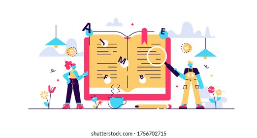 Dictionary vector illustration. Flat tiny translation book persons concept. Abstract literature reading with flying letters study. Language knowledge encyclopedia and academic vocabulary with bookmark