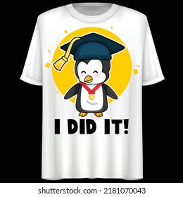 I Did It, Penguin With Graduation Cap. Vector Illustration.
