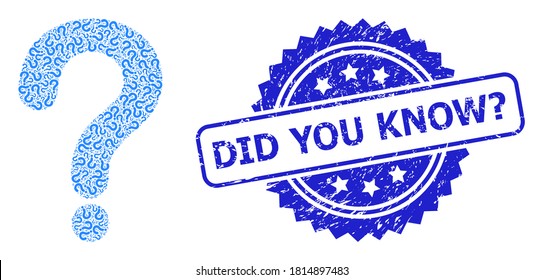 Did You Know? dirty stamp seal and vector fractal mosaic question mark. Blue stamp seal includes Did You Know? text inside rosette. Vector mosaic is made of randomized rotated question mark items.